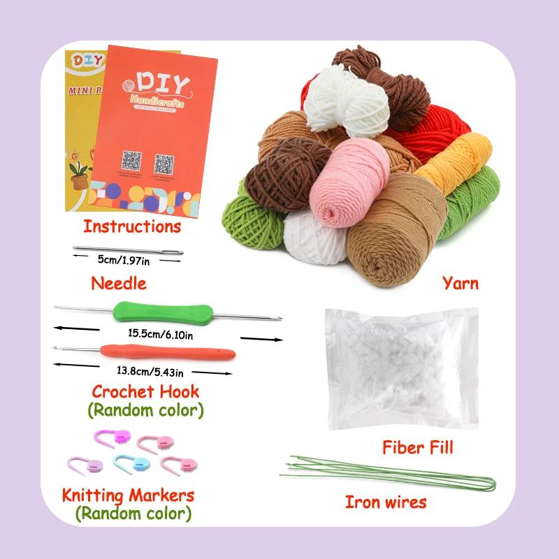 3/6pcs Crochet Potted Flower Kit for Beginners with Video Tutorial Cotton Knitting Yarn Thread Needles Hooks Knit Tool Set