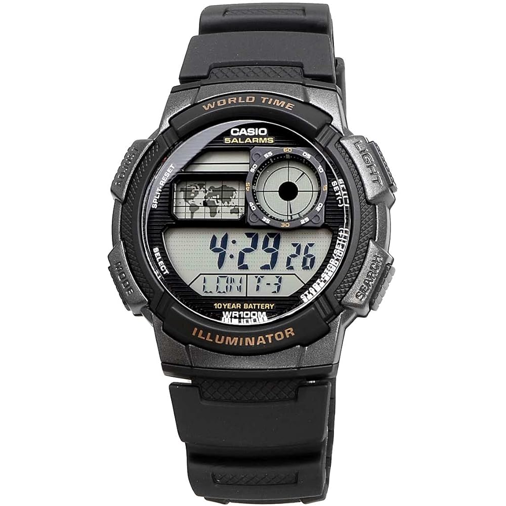 Casio World Time Digital Men's Watch AE-1000W-1AV Black Gunmetal Color Water Resistant Lightweight Design