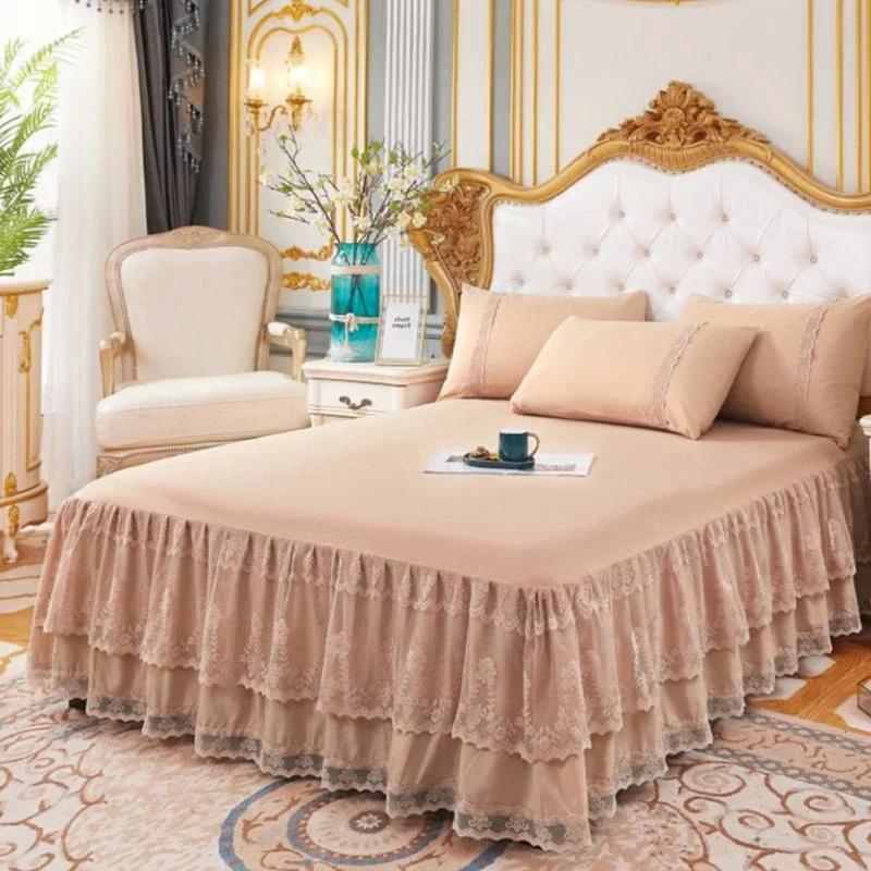 New 3 Layers   Lace Ruffled Bed Skirt Couvre Lit Bedroom Bed Cover Bed Skirt Non-slip Mattress Cover Bedsheet Bedspread