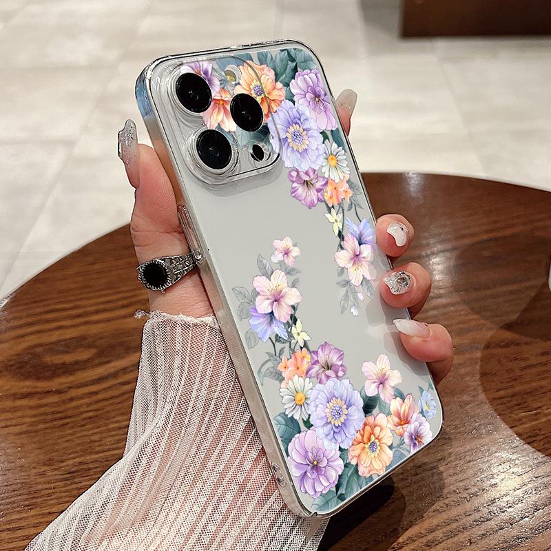 Farbiger Blumendruck, klare, stoßfeste Handyhülle für iPhone 16 Pro Max 15 Pro 14 13 12 11, Hart-PC-Linsenschutz, schlanke, transparente Stoßstangenabdeckung