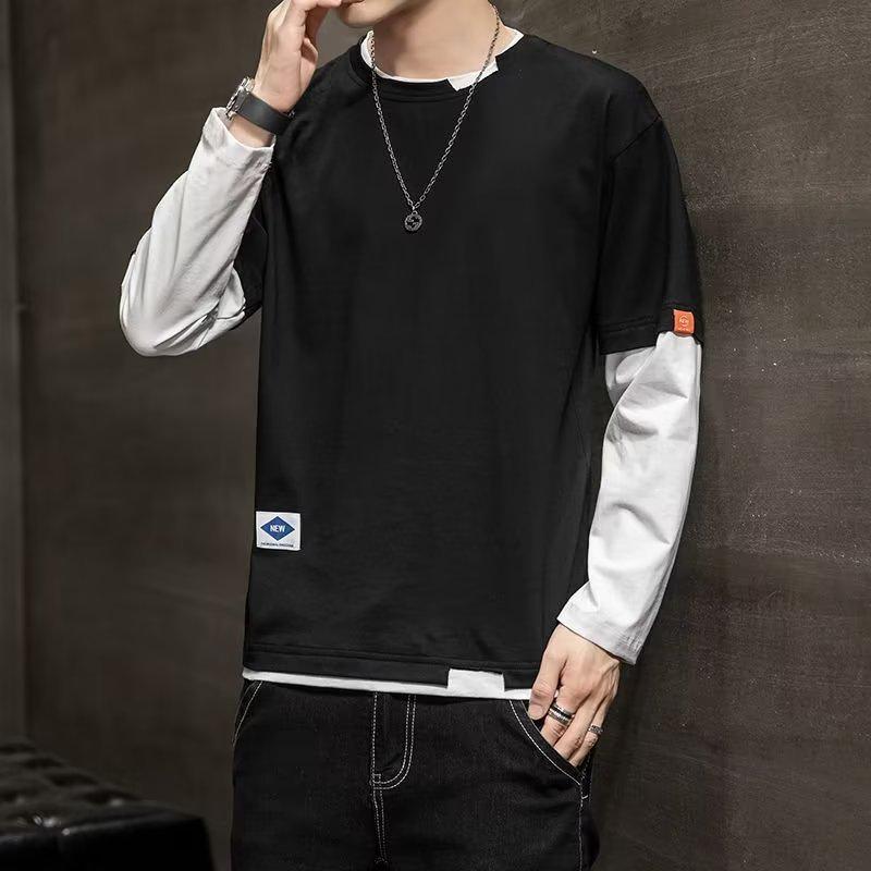 

Men s 2022 Korean Style Long-Sleeve Fake Two-Piece Trendy Loose T-Shirt 3XL