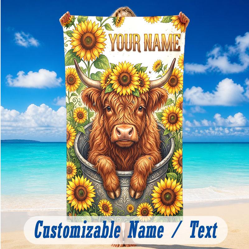 Cow Highland Theme Beach Towel Personalized Custom Name & Text Soft Quick Dry Beach Towel for Swimming Travel
