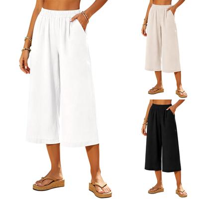 Women Wide Leg Cropped Pants with Pockets Elastic Waist Summer Beach Holiday Casual Loose Fit Trousers for Daily Wear