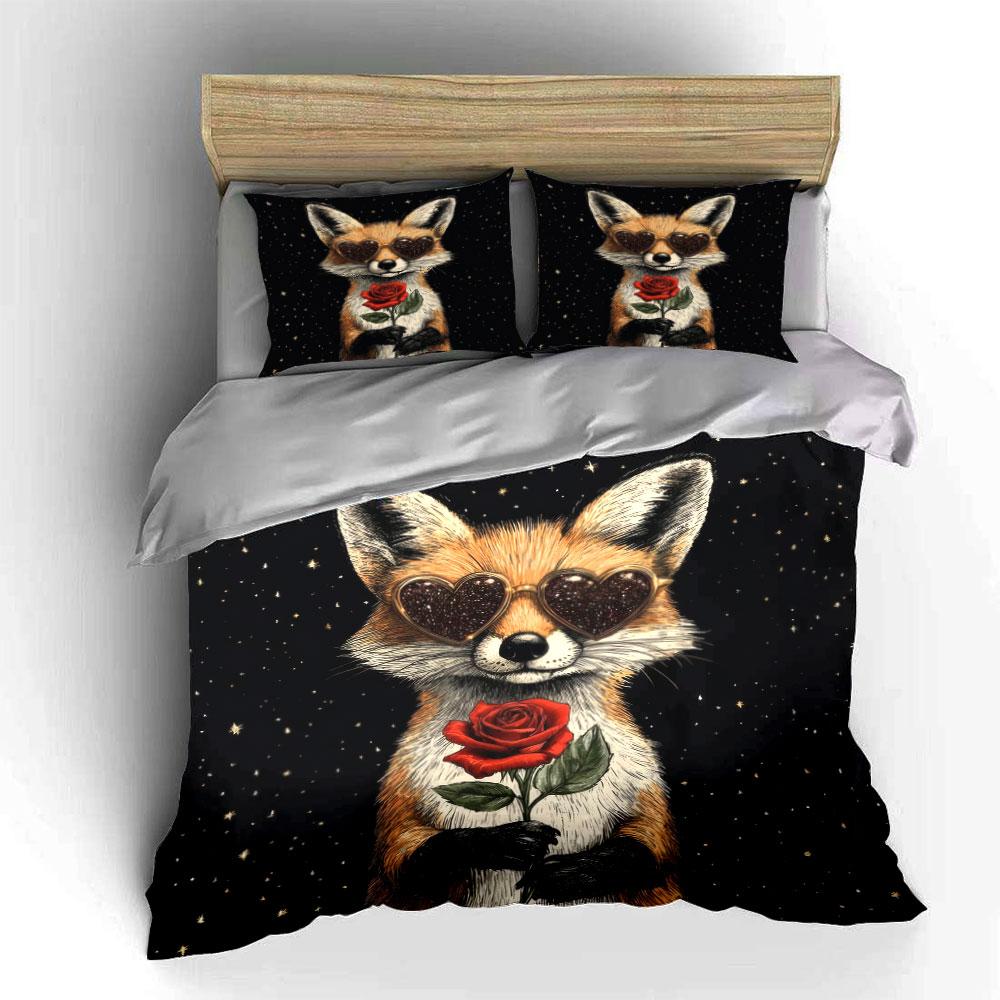 Fox Rose Starry Night Decor Soft Comfortable Duvet Cover Bedding Set Included 1*Duvet Cover & 2*Pillowcases, Gift