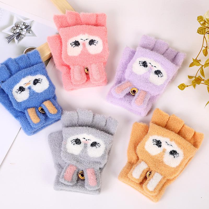 Winter Cartoon Rabbit Kids' Convertible Fingerless Fleece-Lined Gloves for Warmth and Writing.
