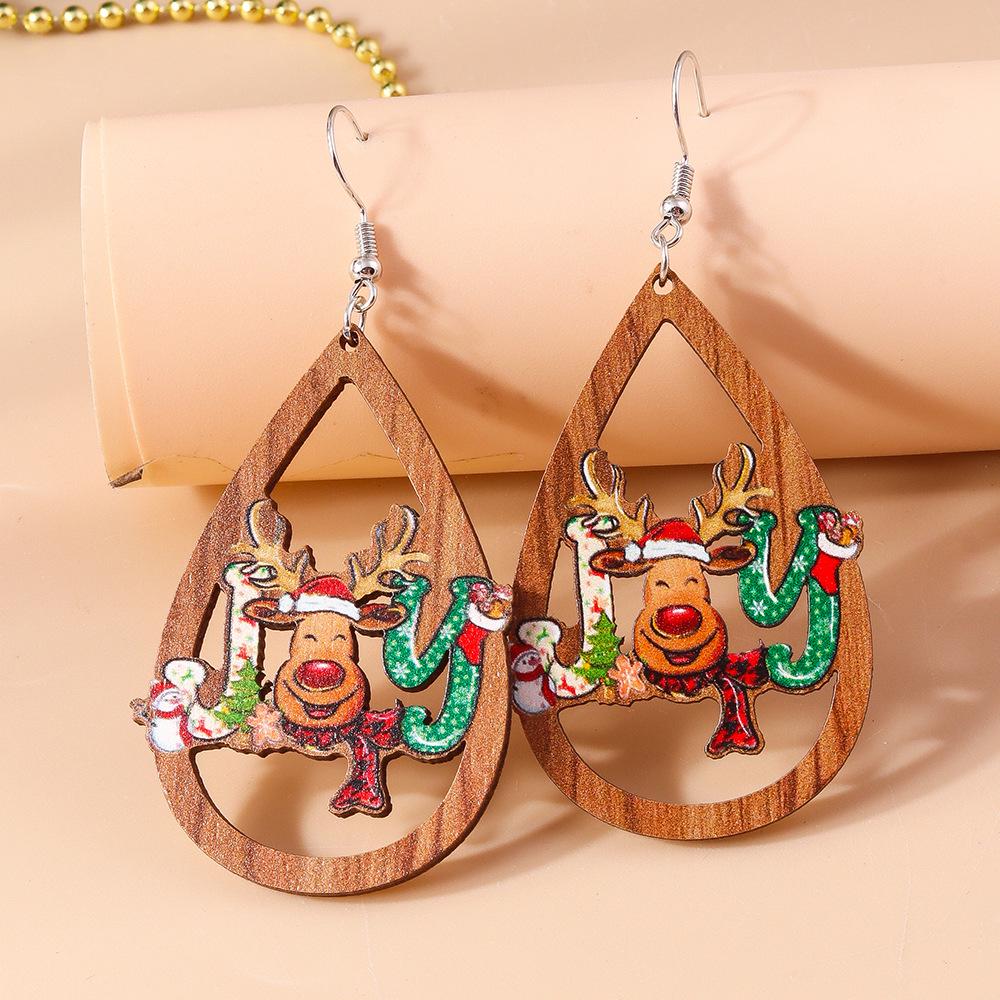 Cross-border Hollow Teardrop Wooden Christmas Earrings with Reindeer and Snowman