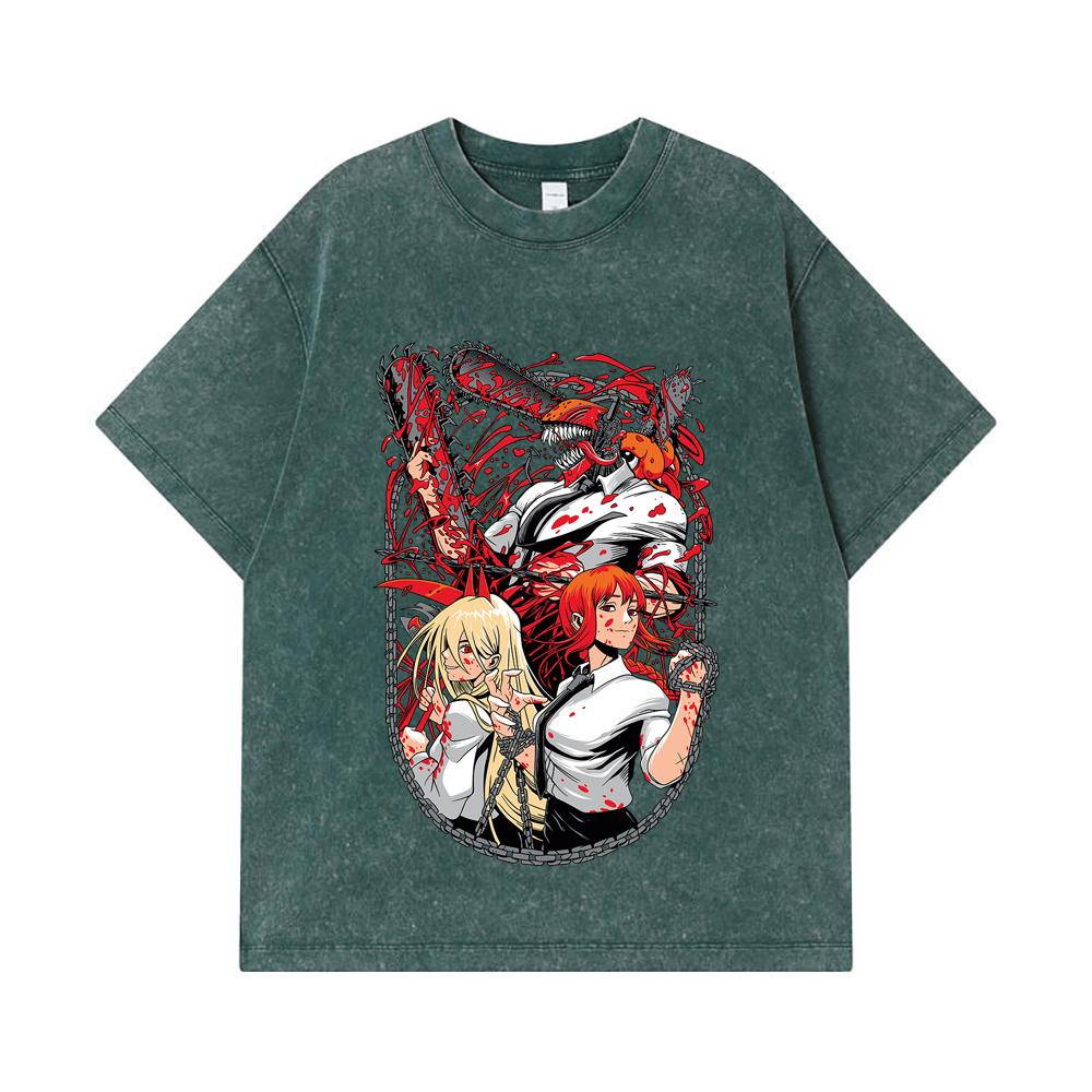 275 GSM Washed T-shirts 100% Cotton Chainsaw Man V20 Print Unisex Heavy Cotton T Shirt
