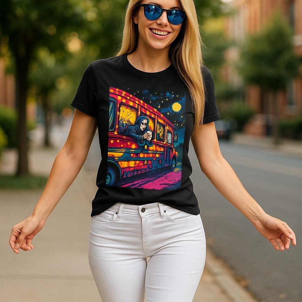 Grim Reaper Party Bus T-Shirt - Wickedly Fun Design With the Reaper On A Bus S