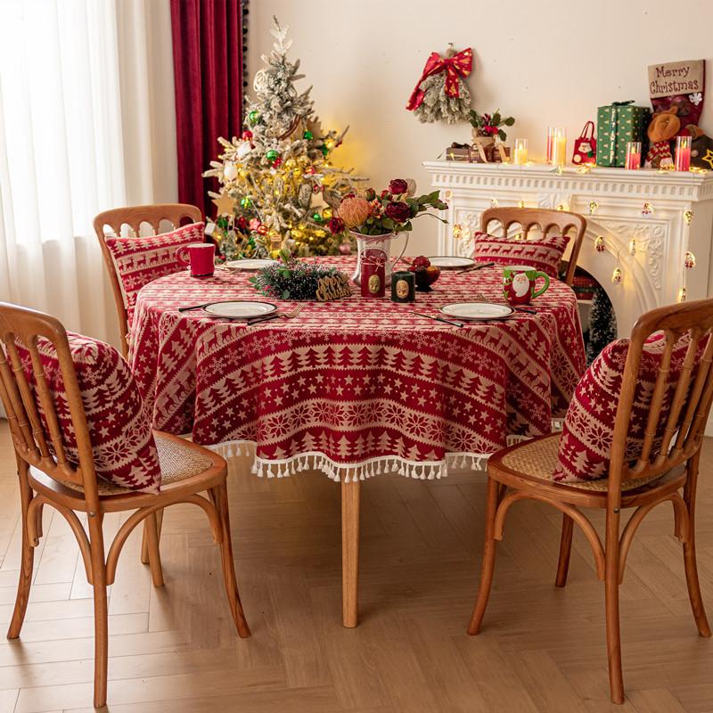 

Red Jacquard Christmas Deer Waterproof Gold Lace Round Dining Table Coffee Table Tablecloth Tablecloth Cover Towel round 120cm (260g)