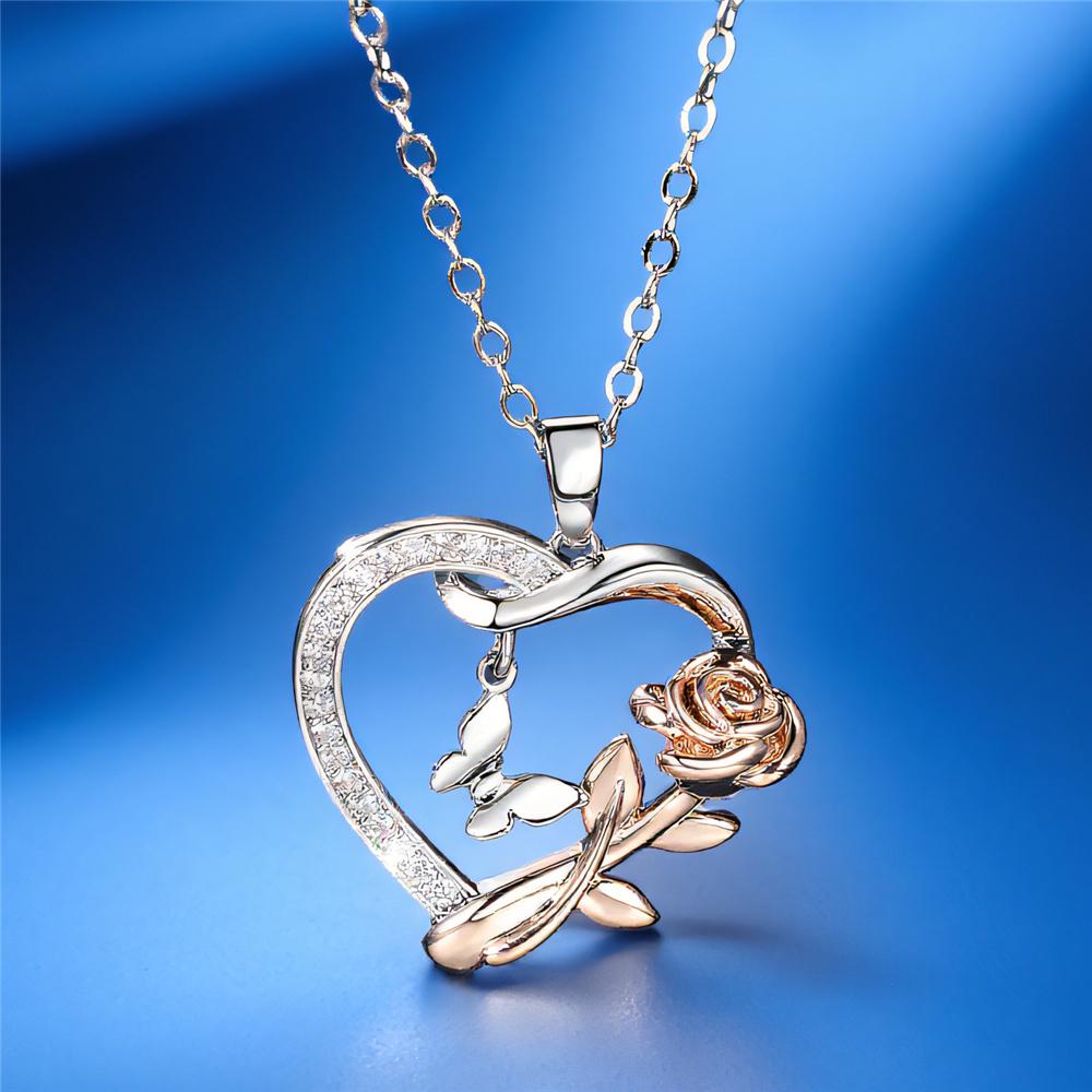 Female Crystal White Zircon Stone Rose Flower Butterfly Heart Pendant Necklace Vintage Silver Color Wedding Jewelry For Women