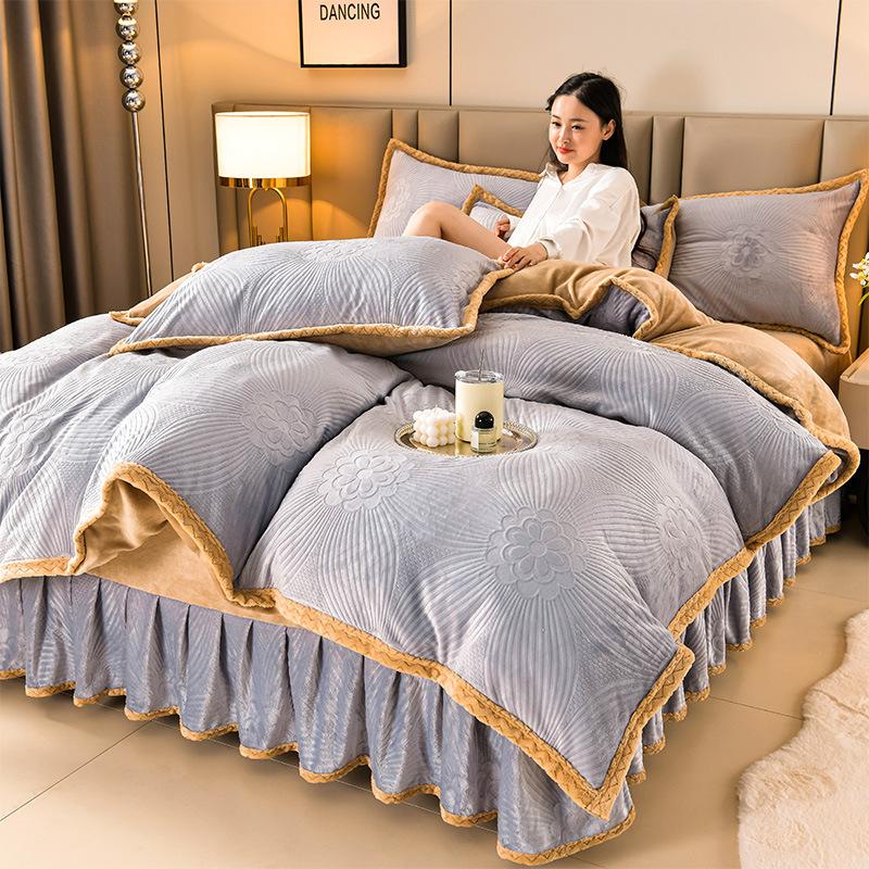 Class A Maternal And Infant Grade High-Gram Carved Fleece Milk Fleece Bed Skirt4-Pcs Set, Winter Double-Sided Fleece Quilt Cover