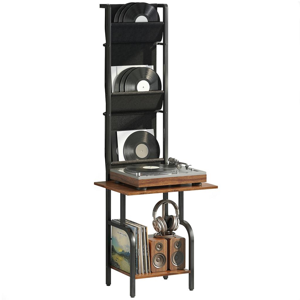 Vinyl Record Player Stand Record Storage with Player Stand Oxford Fabric Pockets Bottom Shelf Rustic Brown and Black