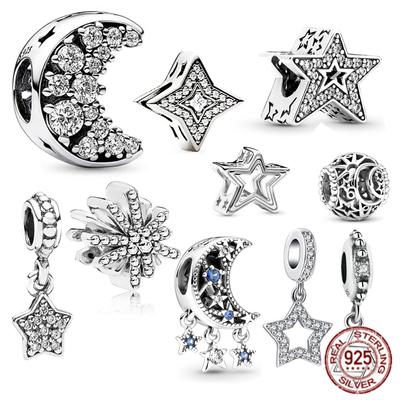 New Arrivals Sparkling Star & Moon Charm S925 Sterling Silver Bead for Women Fit Original Bracelet DIY Jewelry Accessory