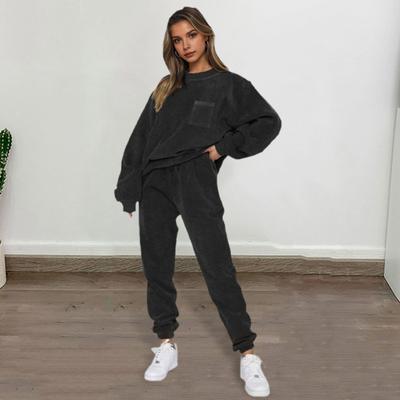 2 Pcs/Set Women Top Pants Set Round Neck Long Sleeve Elastic Cuff Sweatshirt Pure Color Stretchy