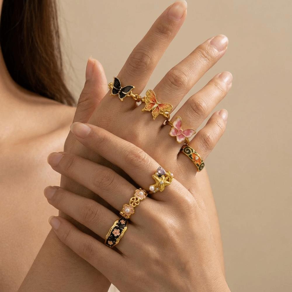 7Pcs/Set Rhinestone Flower Ring Set Camellia Flower Irregular Rings Unique Enamel Finger Rings Gift