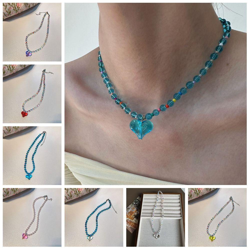 Beaded Y2K Choker Korean Style Clavicle Chain Transparent Love Heart Necklace  Jewelry Accessories
