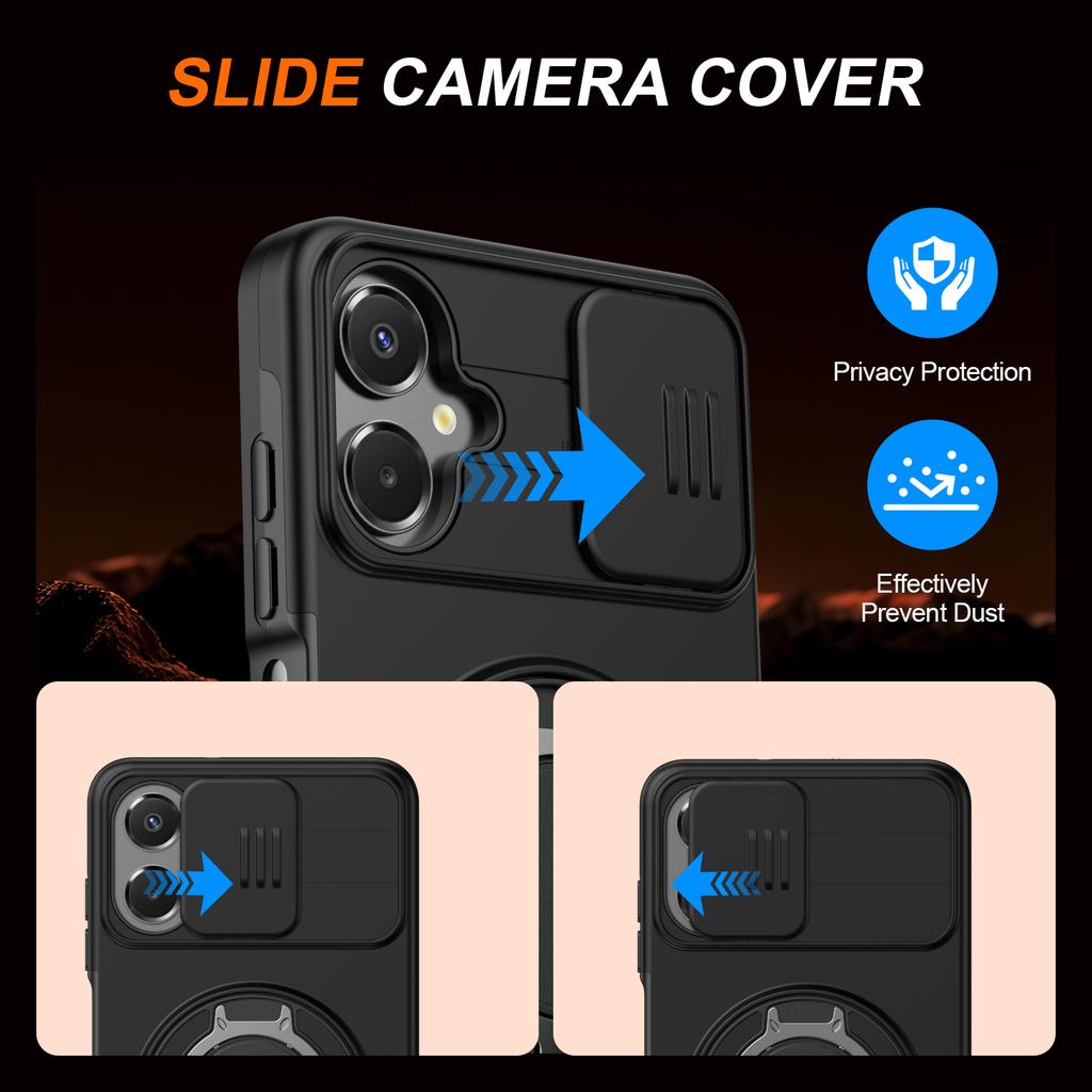 Sliding Camera Cover Armor Case For Samsung Galaxy A07 4G A06 5G Metal Ring Stand TPU Frame Hard Plastic Shockproof Coque Shield