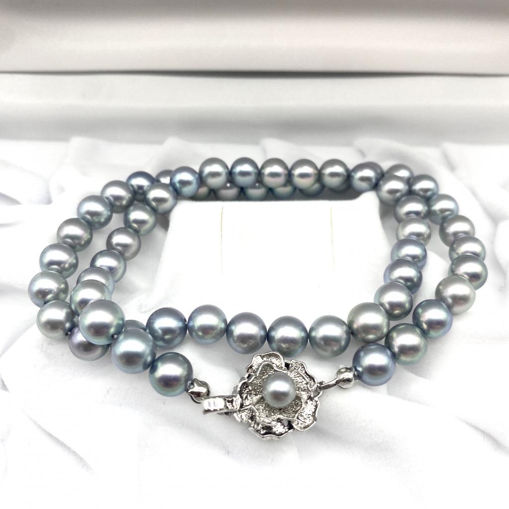 High-Luster Akoya Pearl Necklace Natural Jewelry Blue Gray Approx 43cm 7.0mm–7.5mm 31.7g Silver Hardware