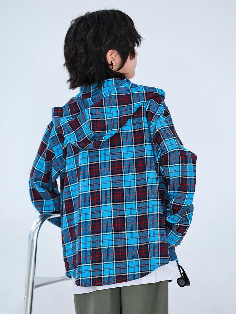 Spring & Autumn 2024 Boys' Classic Plaid Hooded Long-Sleeve Shirt