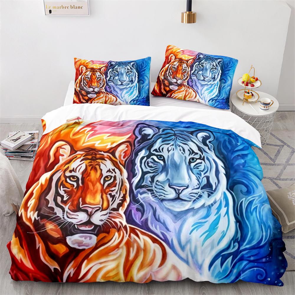 Purple Fire Tiger Duvet Cover Set 3D Print Wild Animals Queen King Size Bedding Set For Kid Boy Teen Comforter Cover With Zipper