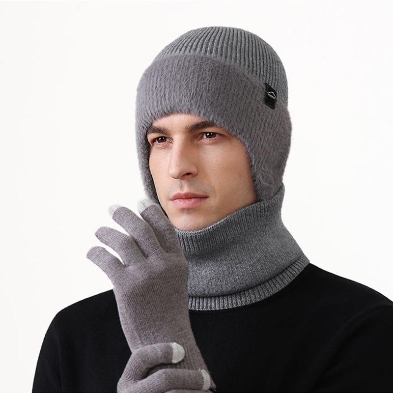 Wollmütze Herren Winter Outdoor Warme Mütze Schal Handschuhe Anzug Hochelastische Strickmütze