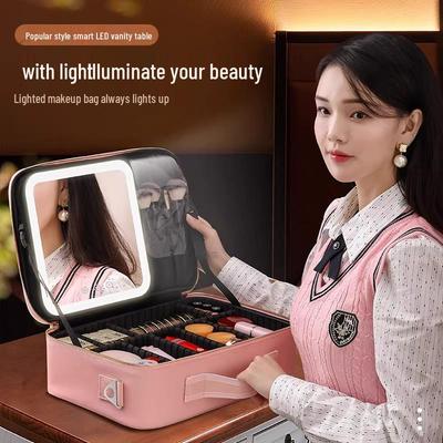 Large Capacity LED Makeup Bag with Lighted Mirror - Portable Beauty Handbag and Desktop Storage Box
