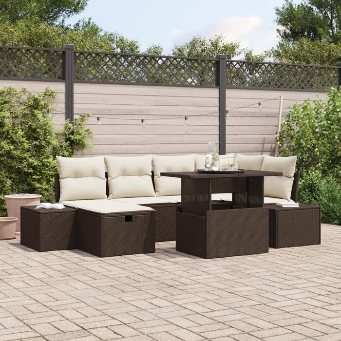 VidaXL Ensemble de Canapés de Jardin 7 Pièces avec Coussins Marron en Rattan Poly 3359875