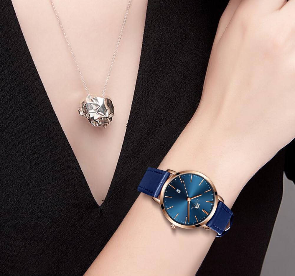 Women's Watch blue stylish waterproof ultra-thin leather strap analog simple dial easy-to-read fashion thin high school student watch for women