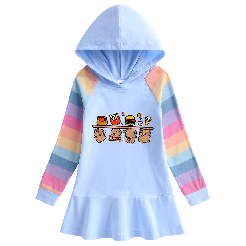 Ruffle Cartoon Rainbow Hoodie Dress - Girls' Long Sleeve Princess Style