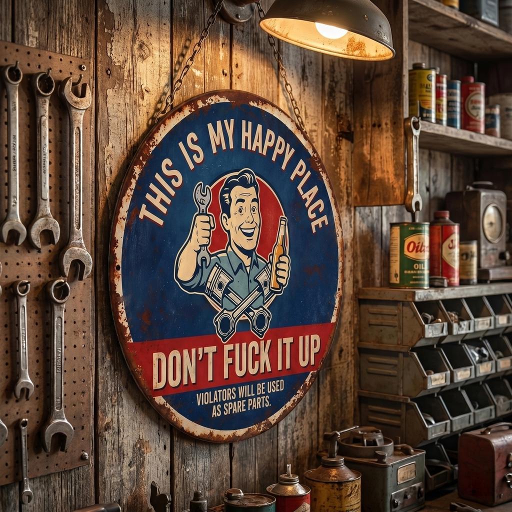 This Is My Happy Place Metal Tin Sign Vintage Garage Decor Round Wall Plaque for Workshop Man Cave or Automotive Space
