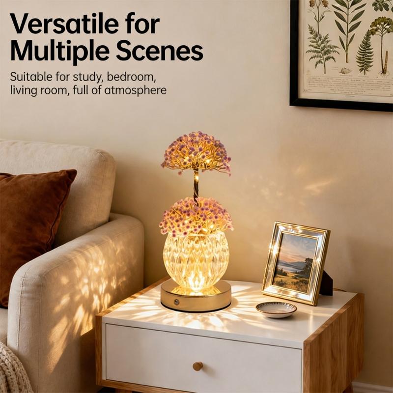 Decorative Flower Glass Bottle USB Night Light Decorative Lamp with Touch Control for Living Room Bedroom Dining Room