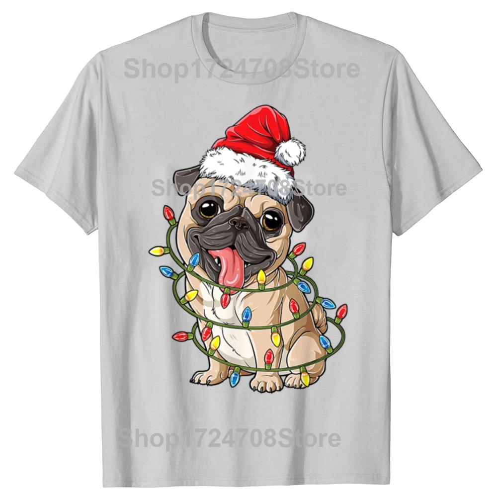 Christmas Pug With Christmas Lights Santa Hat Xmas Pug Dog T Shirt Mens Cotton Oversized Printing T Shirts Harajuku Tshirt