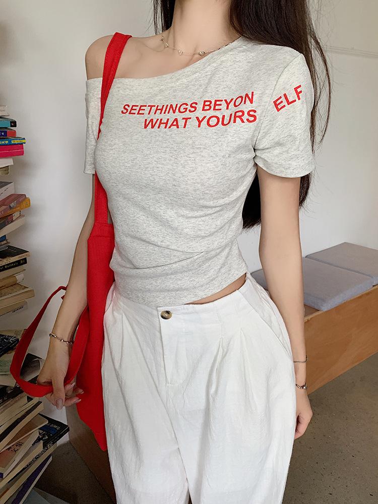 American letter diagonal neck off-shoulder short T-shirt women's summer new Spice Girl waist slim short-sleeved top women