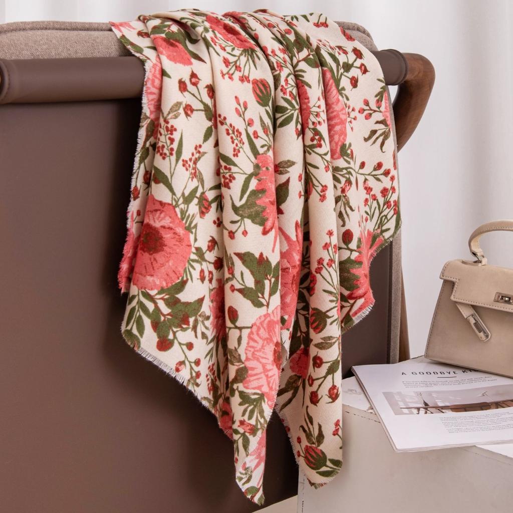 Pink Flower Print Women Winter Warm Scarf Hijabs Tassels Shawl Cashmere Pashmina Scarves Wraps