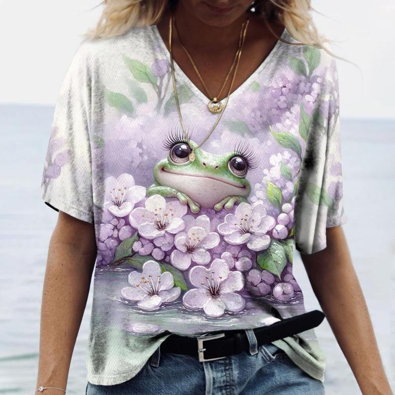 

Женская футболка с принтом лягушки и цветочного узора, уличная ретро мода, повседневная футболка оверсайз, летняя женская одежда 6XL