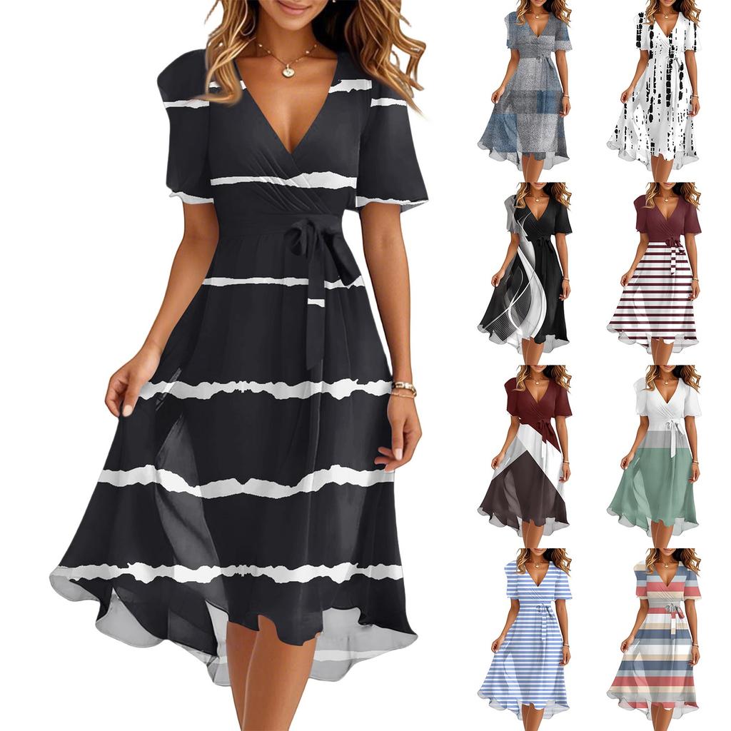 Women's Summer Fashion V-Neck Flared Dress Short Sleeve Striped Geometric Dresses