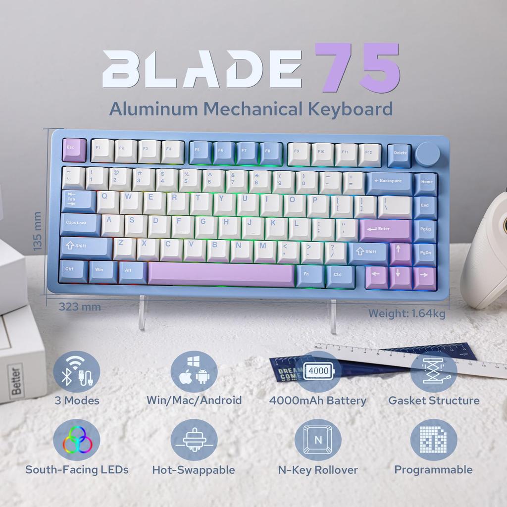 New MechLands Blade75 Wireless Aluminum Mechanical Gaming Keyboard with Gasketed Creamy Hot Customizable Keyboard with RGB Backlight for NKRO Surface,