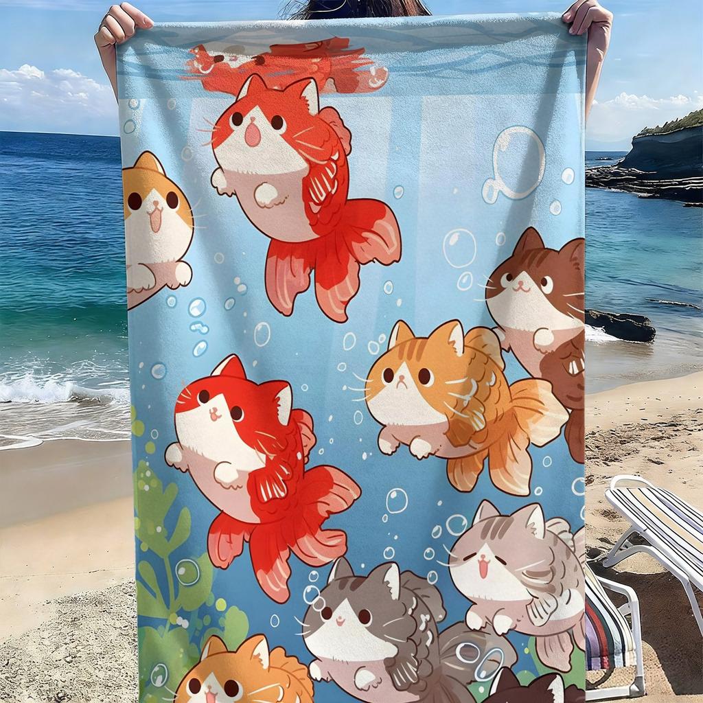 Cartoon cat and cute fish pattern polyester microfiber beach towel is highly absorbent, suitable for swimming and beach outings