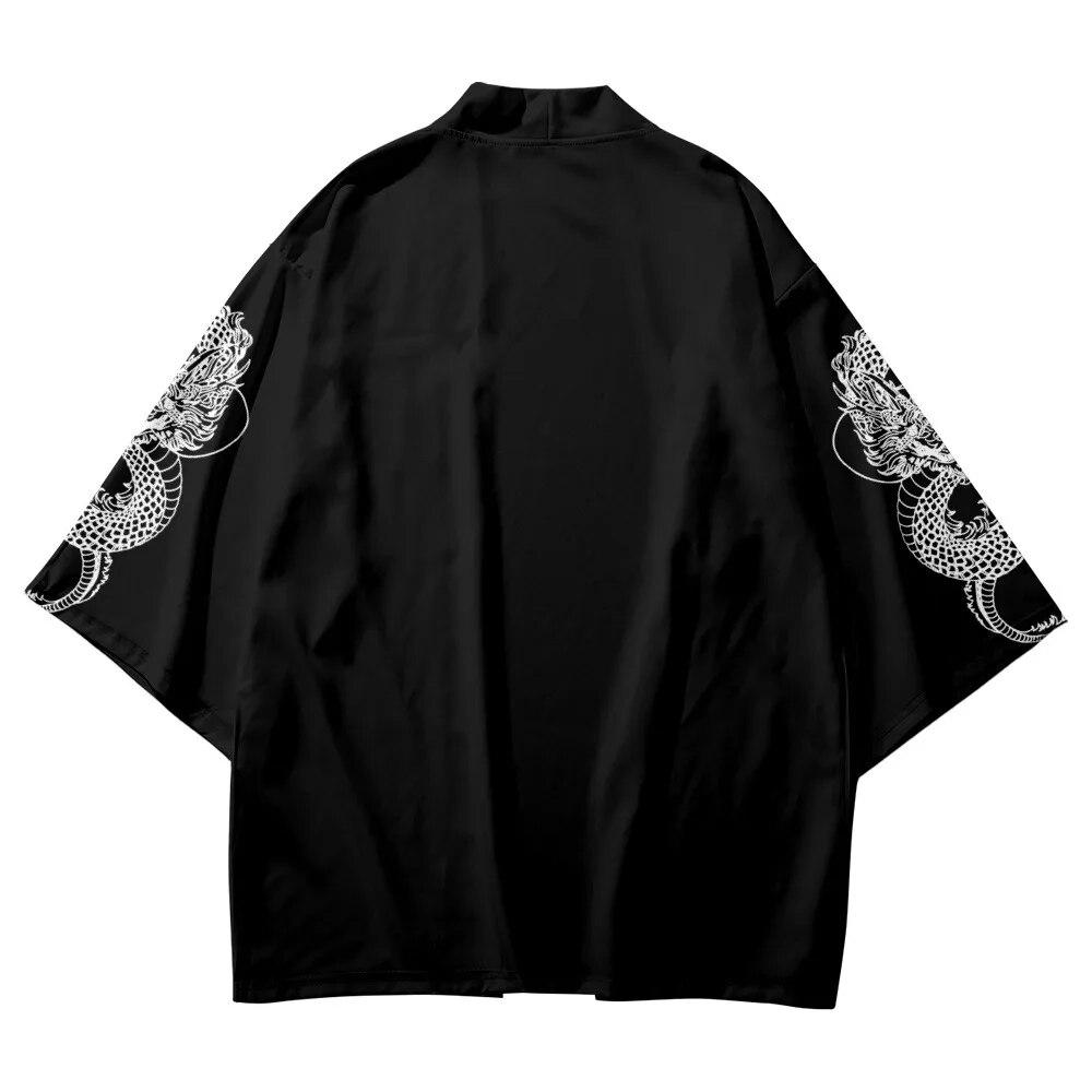 Sleeves Dragon Print Black Kimono Loose Japanese Streetwear Cardigan Women Men Harajuku Haori Cosplay Top Shirts