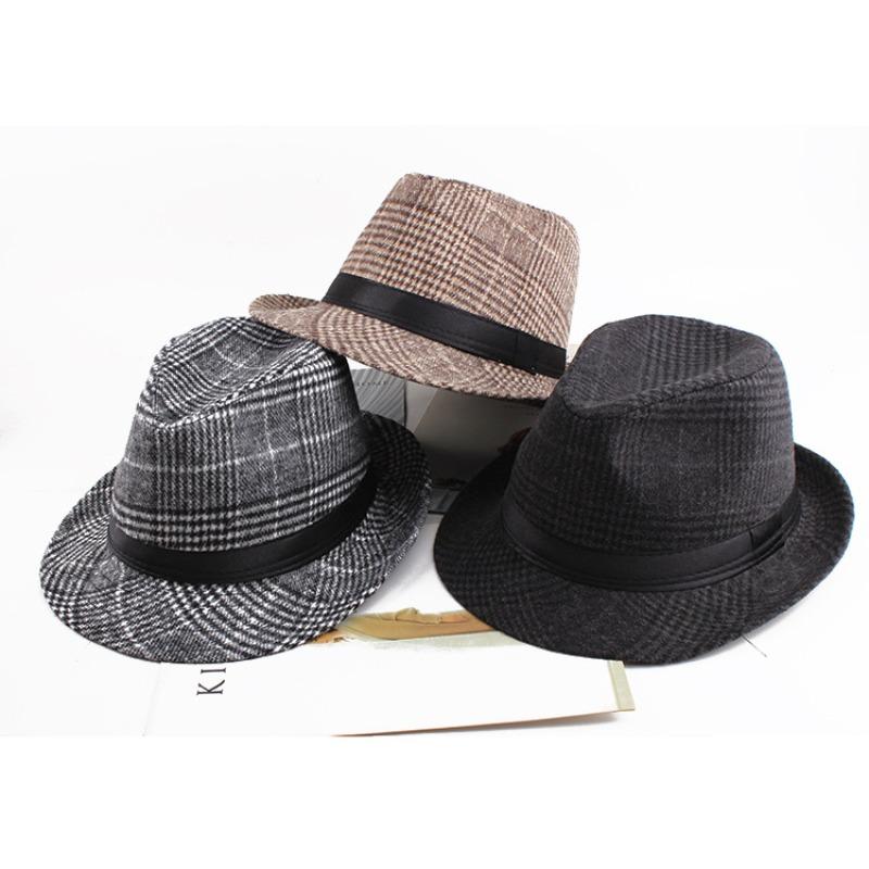 Autumn and winter men's top hat, Frannie plaid fabric warm middle-aged and elderly jazz hat casual top hat men's hat