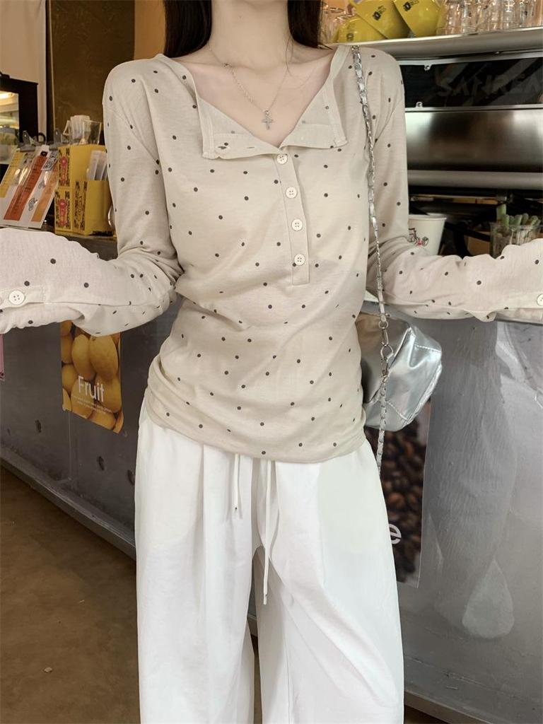 Spring/Summer Korean Polka Dot Sheer Slim-Fit Long Sleeve T-Shirt for Women