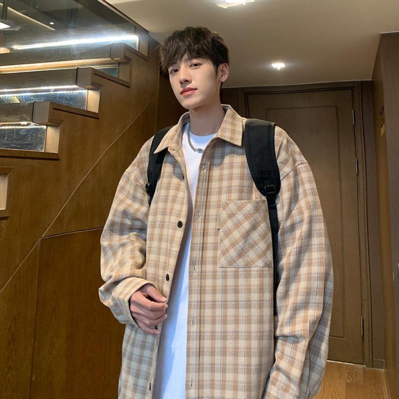 Νέα ανδρική βαμβακερή φαρδιά καρό μακρυμάνικη πουκαμίσα για όλες τις περιστάσεις Άνοιξη και Φθινόπωρο