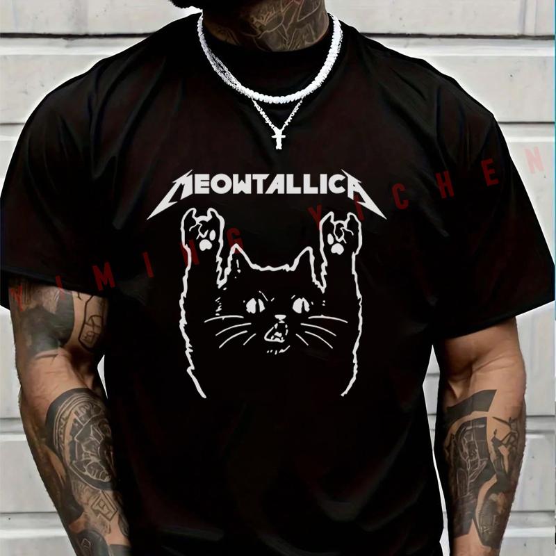 Funny Cat Meowtallica Cat Rock Music T-Shirt Moto Men Hip Hop Streetwear Unisex Casual Short Sleeve Tops