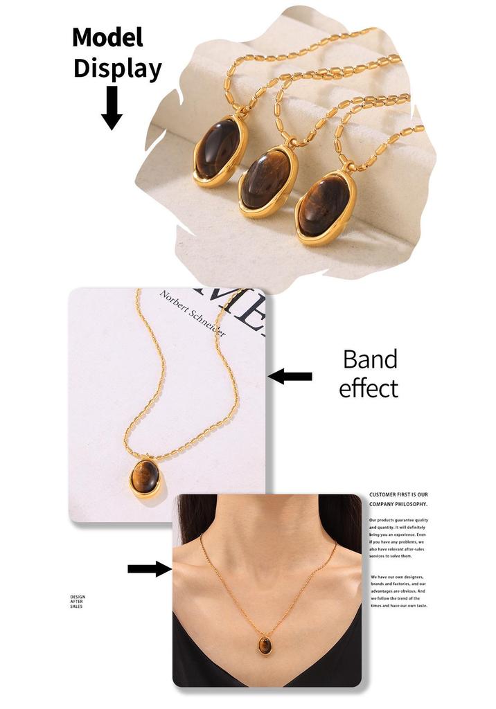 French-Inspired Oval Tiger Eye Pendant Necklace - 18K Gold-Plated Titanium Steel