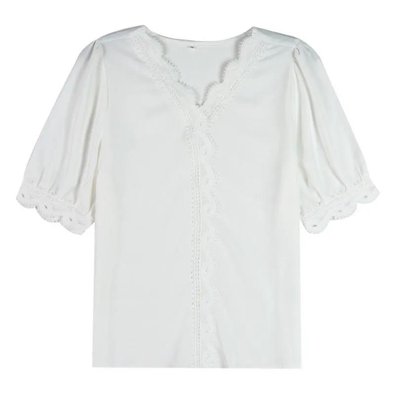Shirt Female Design Sense Niche Top Three-quarter Sleeves Loose Summer T-shirt Lace Stitching Chiffon Shirt Professional Top Suit Suit