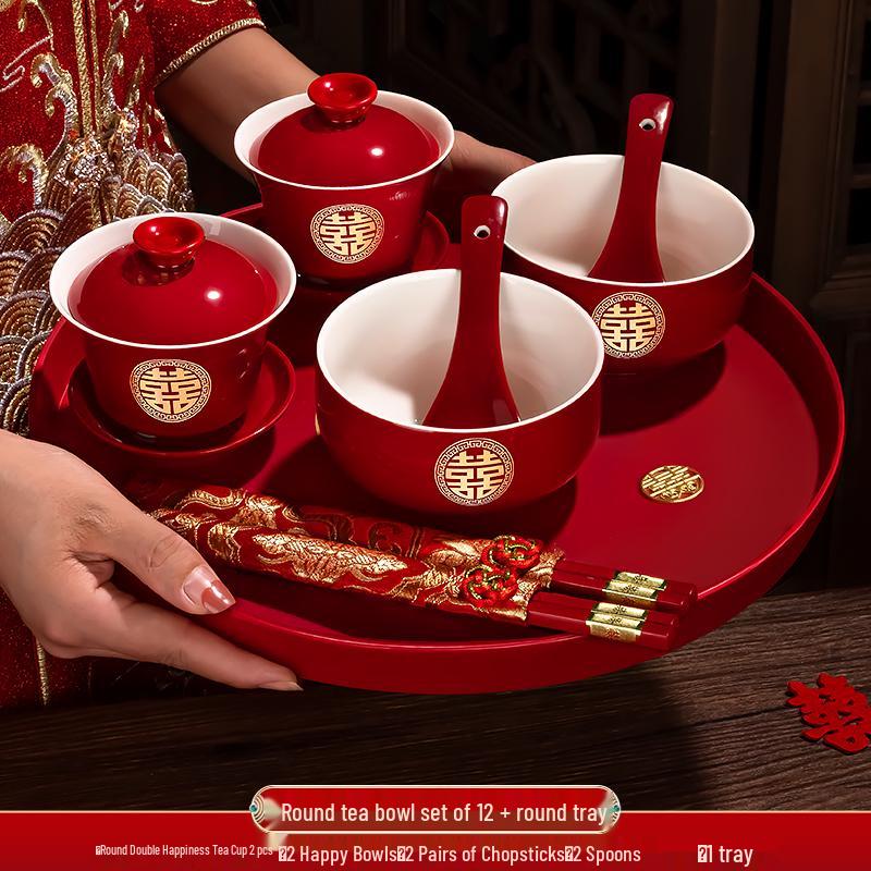Festive Red Wedding Tea Set: Lidded Bowls, Tea Cups, and Chopsticks