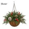 Winter Front Door Decoration Artificial Christmas Hanging Basket with Pine Branches, Red Berries & Pinecones, Natural Style Porch Decor Pre-lit