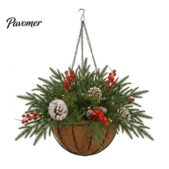 Winter Front Door Decoration Artificial Christmas Hanging Basket with Pine Branches, Red Berries & Pinecones, Natural Style Porch Decor Pre-lit