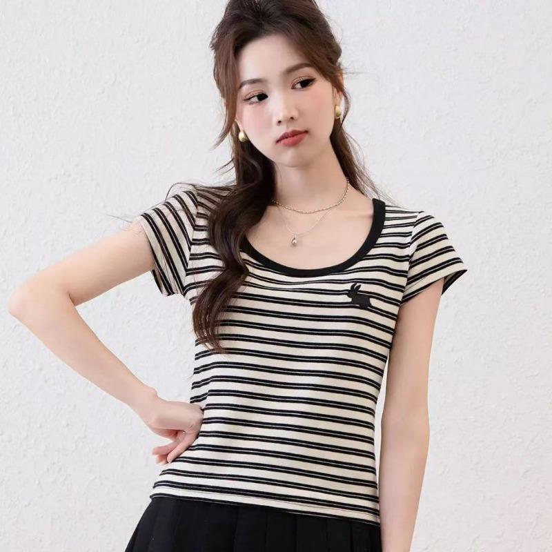 

Short-sleeved Women s T-shirt, High-end Summer Striped U-neck Top, Fashionable Micro-elastic Combed Cotton T-shirt for Little Sweet Girls 2XL білий