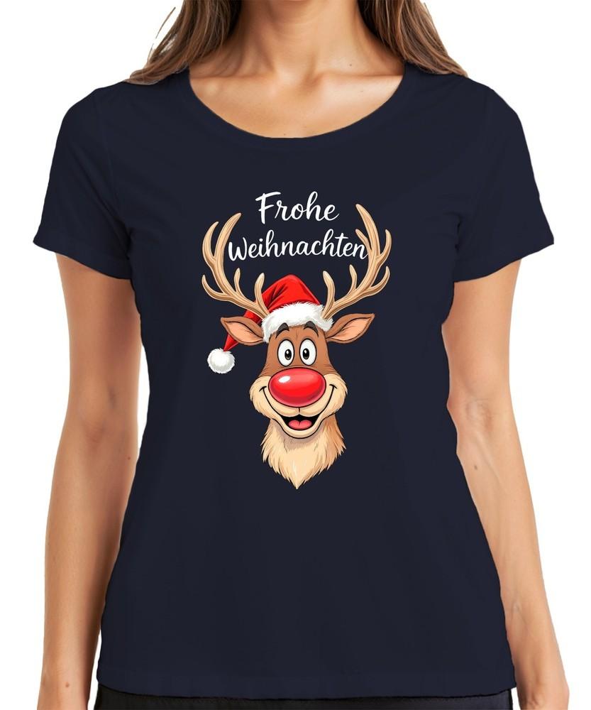 Merry Christmas Reindeer Rudolph Red Nose Santa Hat Funny Ladies TShirt S